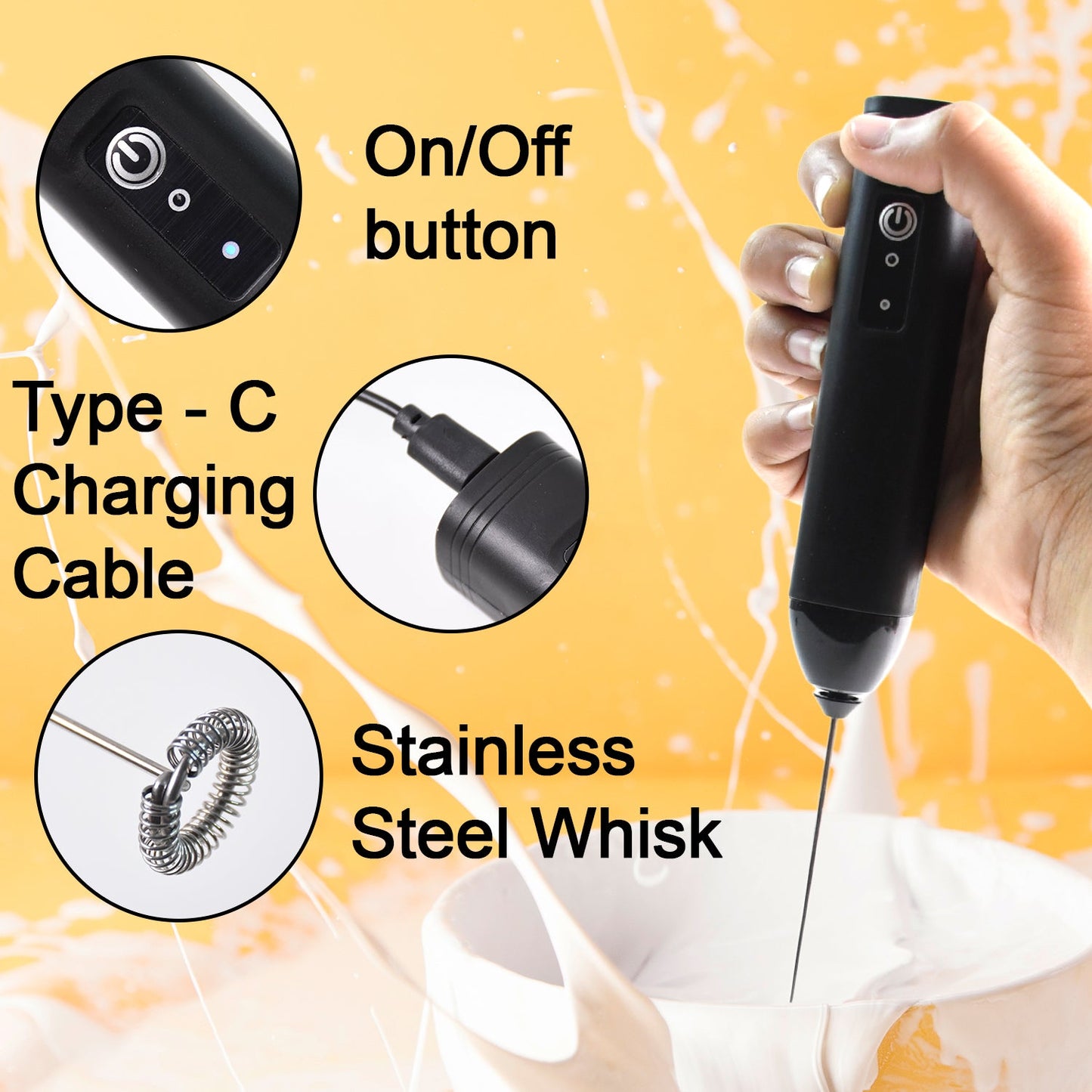 Electric Handheld Milk Frother with Steel Whisk