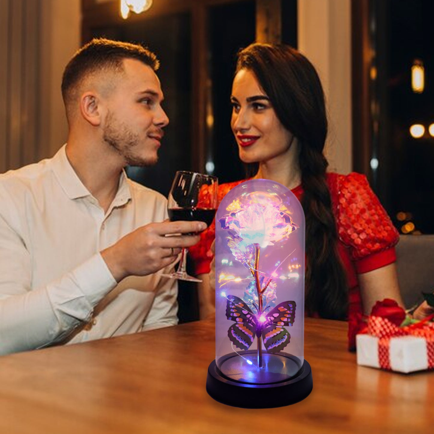 Led Light-up Eternal Rose With Butterfly In Transparent Dome (Battery Not Included)