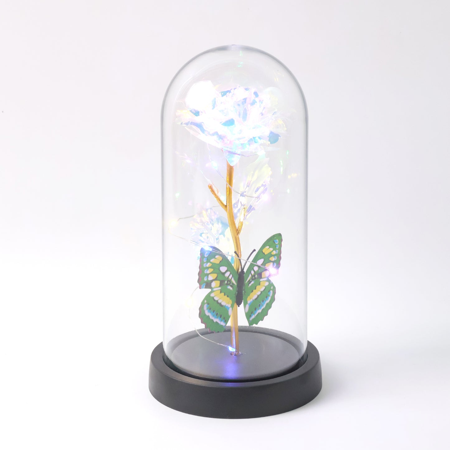 Led Light-up Eternal Rose With Butterfly In Transparent Dome (Battery Not Included)