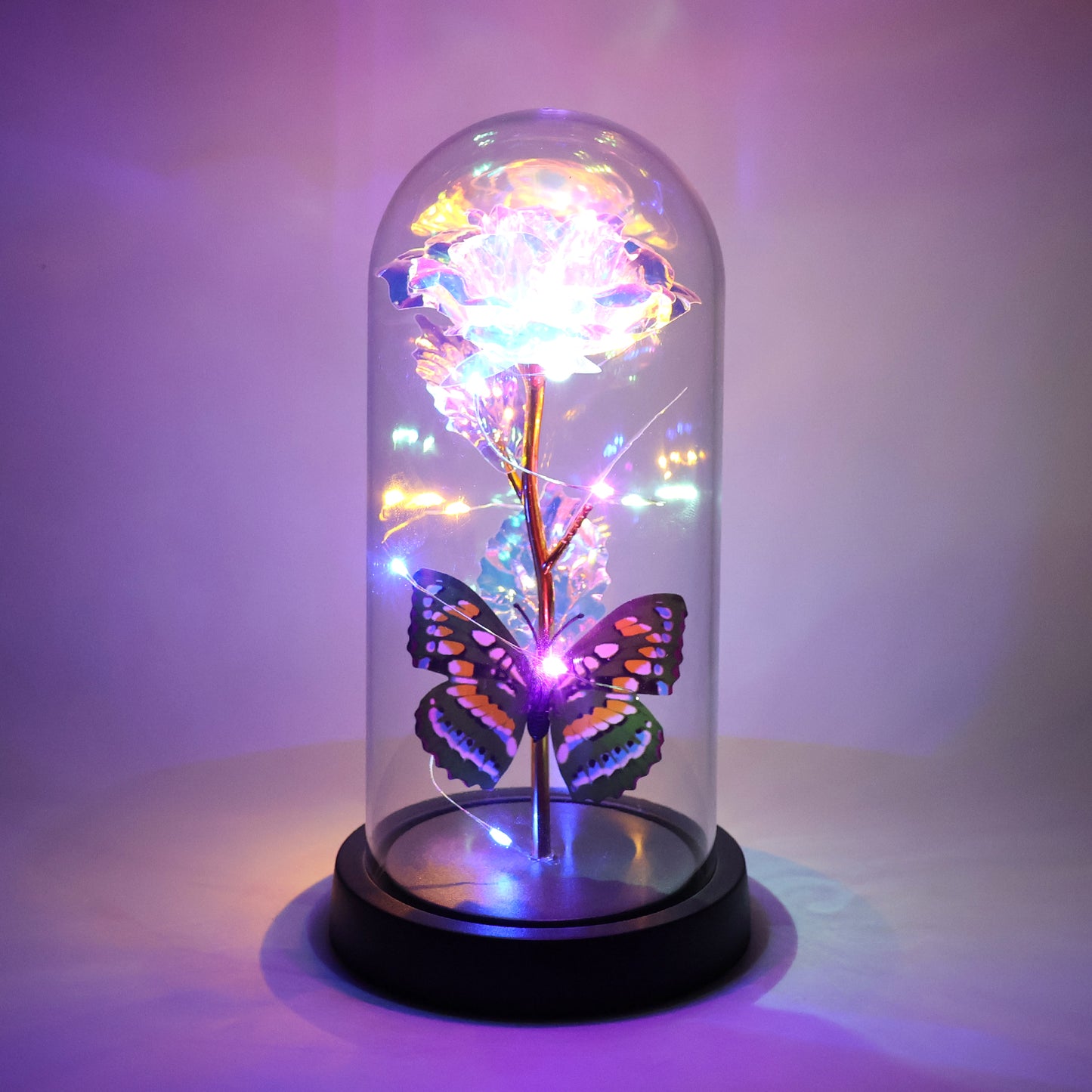 Led Light-up Eternal Rose With Butterfly In Transparent Dome (Battery Not Included)