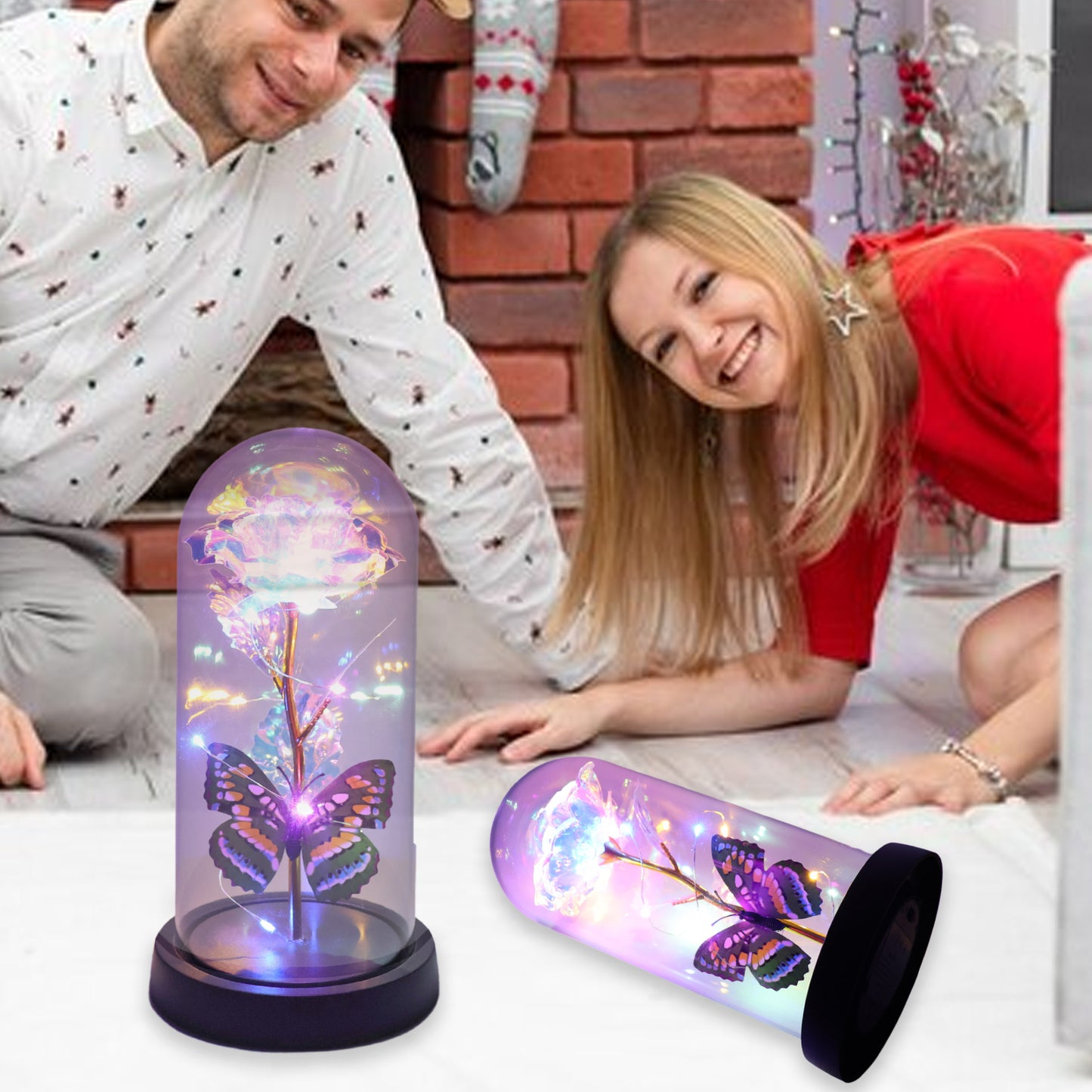 Led Light-up Eternal Rose With Butterfly In Transparent Dome (Battery Not Included)