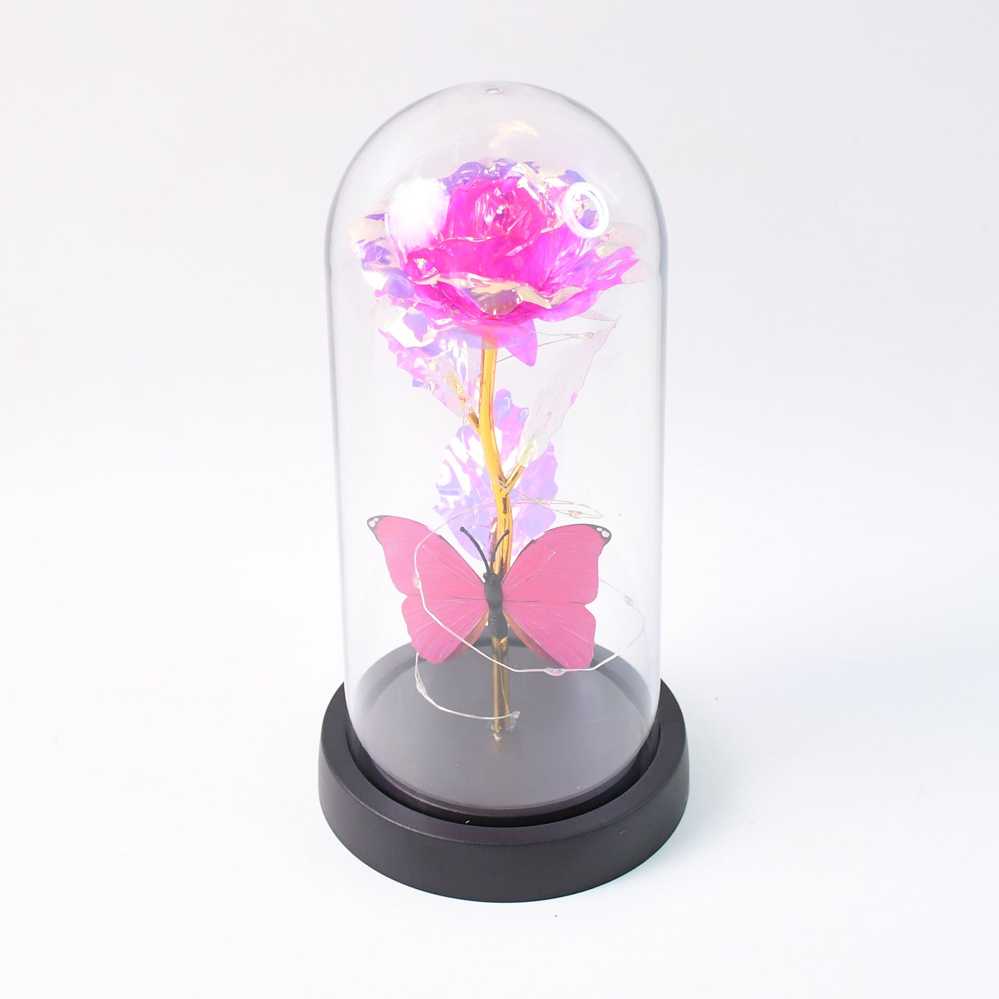 Led Decorative Rose With Butterfly In Transparent Dome (Battery Not Included)