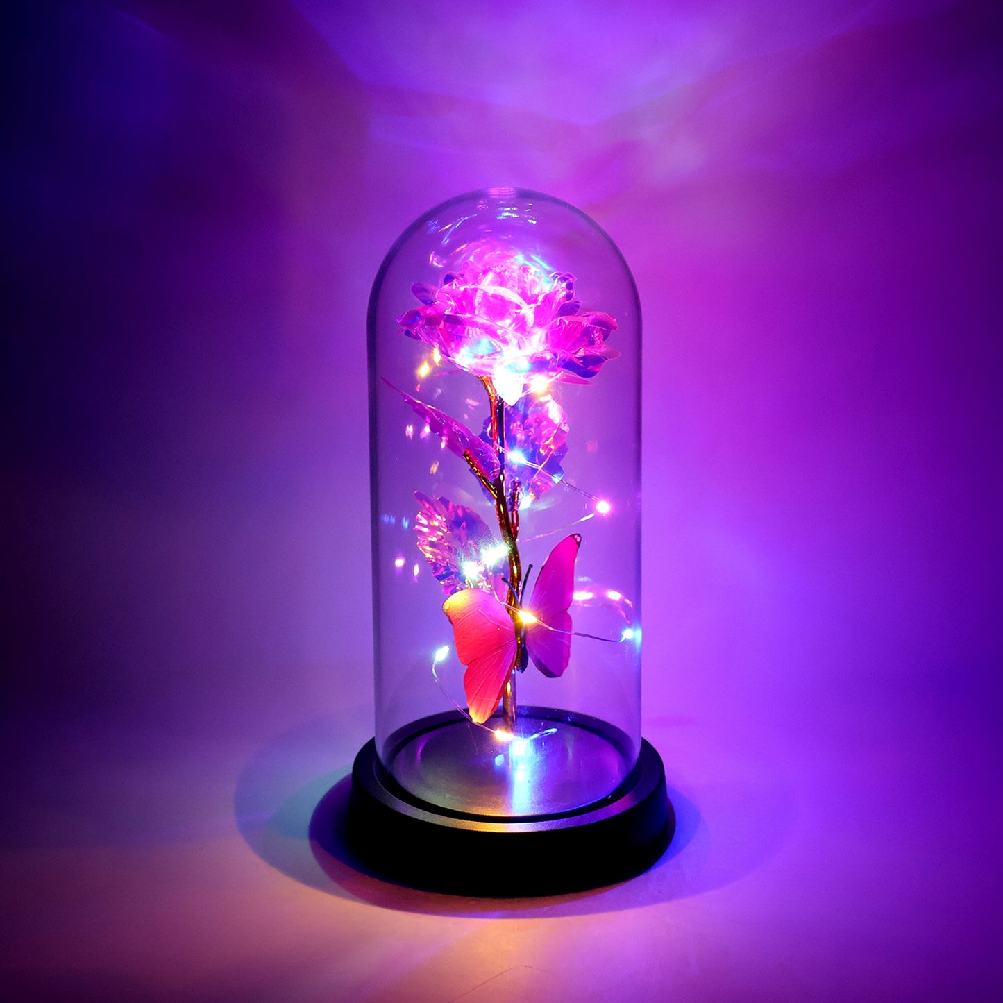 Led Decorative Rose With Butterfly In Transparent Dome (Battery Not Included)