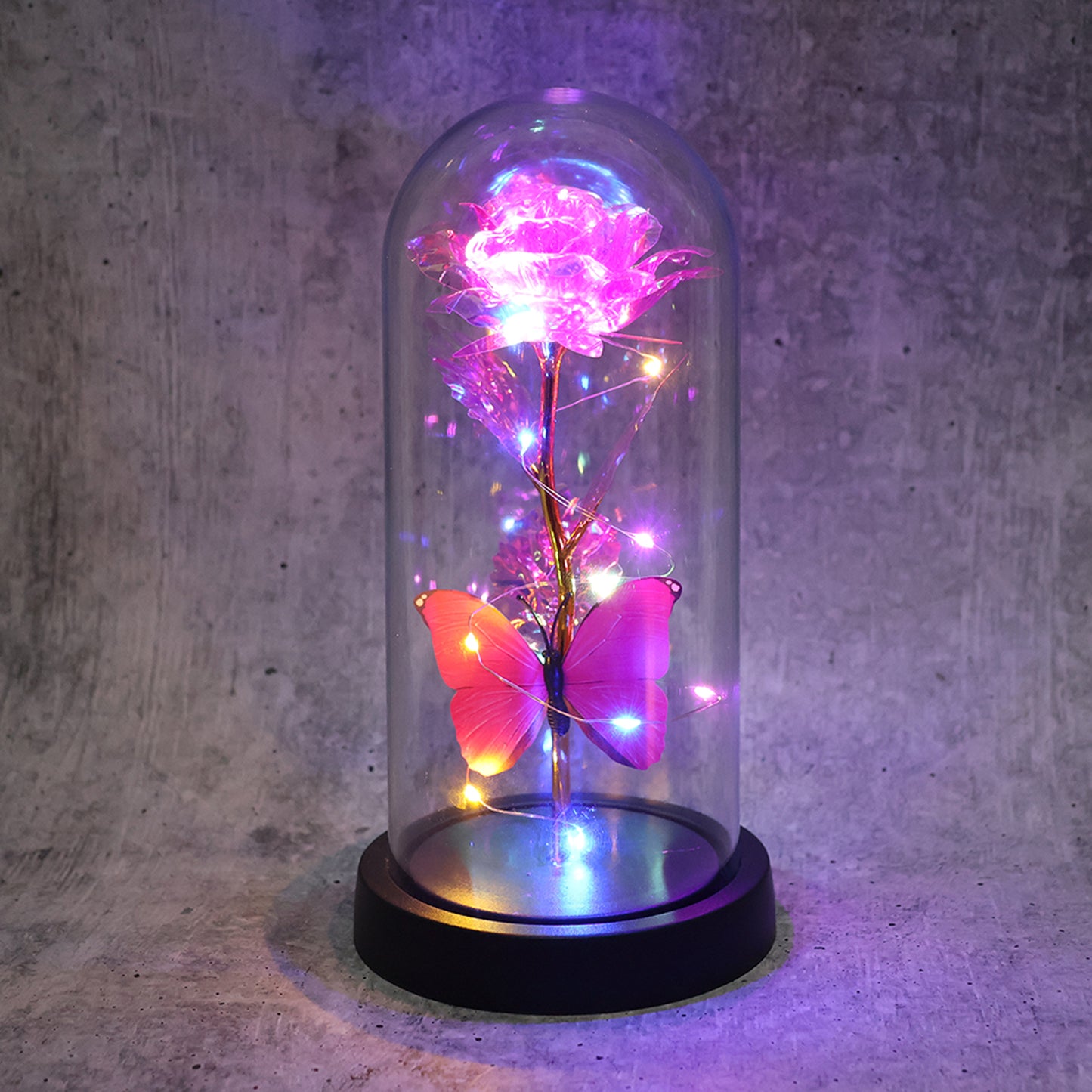 Led Decorative Rose With Butterfly In Transparent Dome (Battery Not Included)