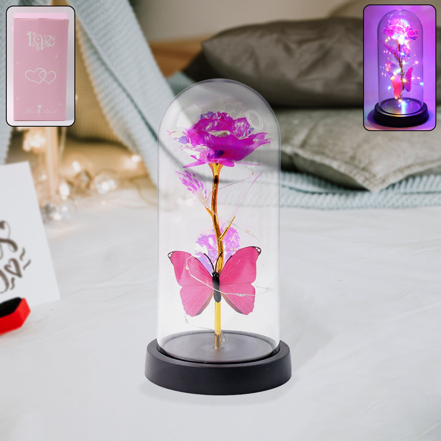 Led Decorative Rose With Butterfly In Transparent Dome (Battery Not Included)