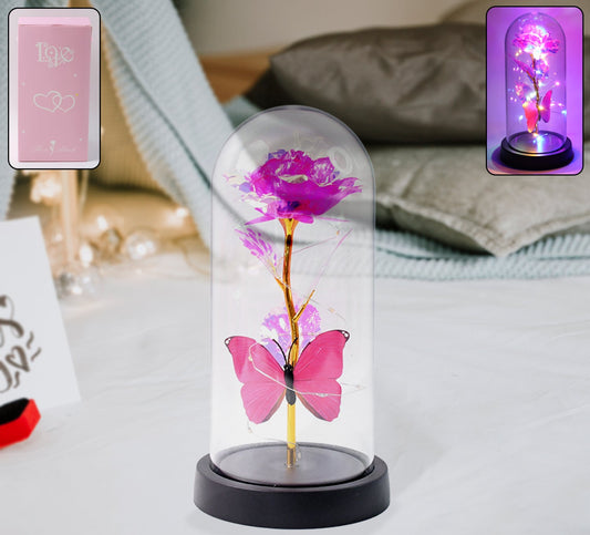 Led Decorative Rose With Butterfly In Transparent Dome (Battery Not Included)