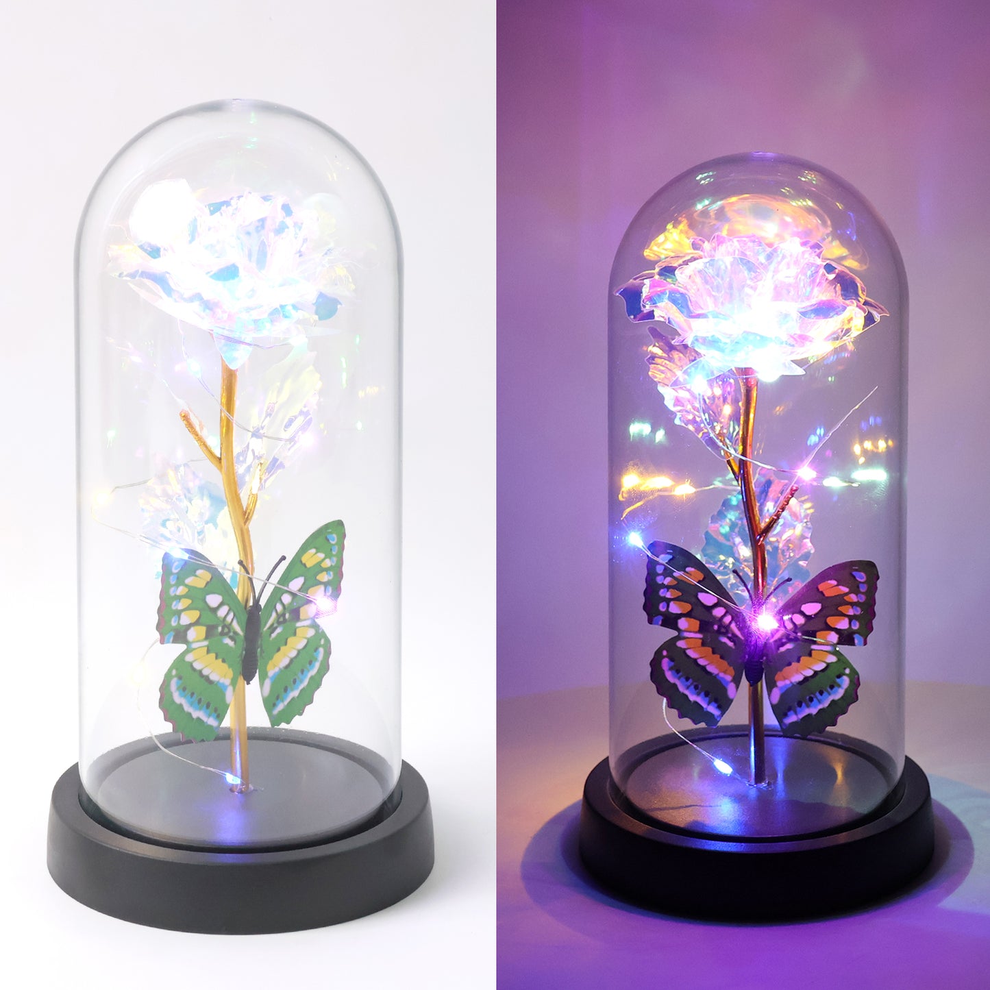 Led Light-up Eternal Rose With Butterfly In Transparent Dome (Battery Not Included)