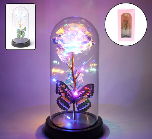 Led Light-up Eternal Rose With Butterfly In Transparent Dome (Battery Not Included)